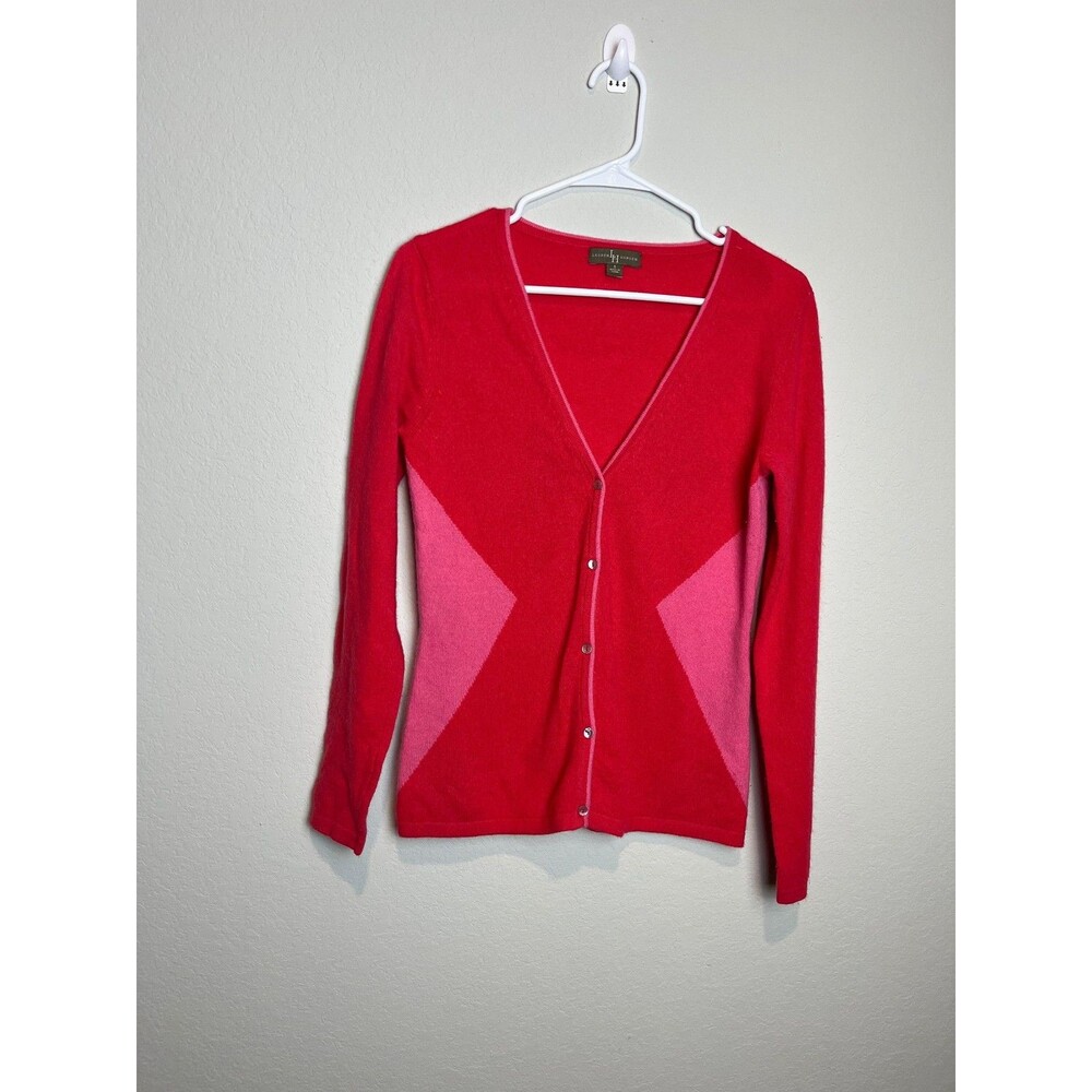 Lauren Hansen Cardigan Sweater Womens Small‎ Red Pink 100% Cashmere Geometric